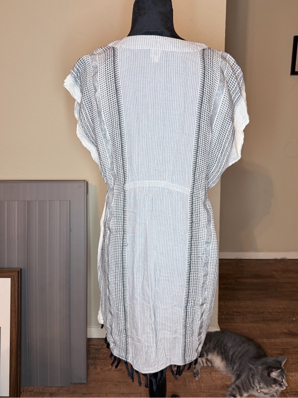 LOFT White and Black Striped Swim Coverup with Tassels - Picture 2 of 8